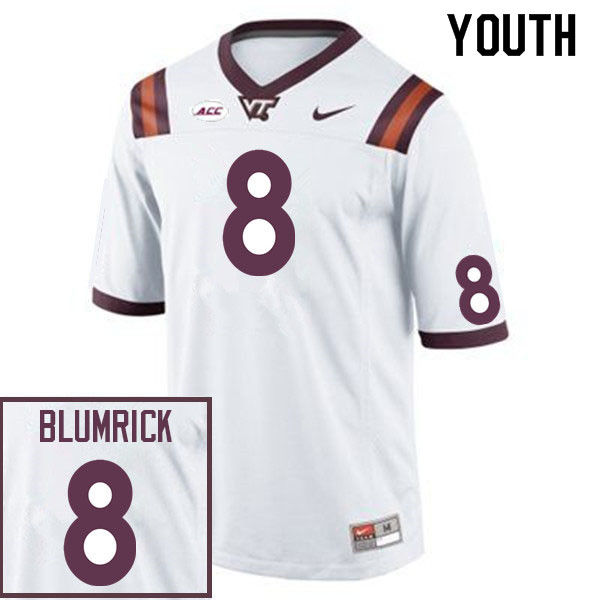 Youth #8 Connor Blumrick Virginia Tech Hokies College Football Jerseys Sale-White